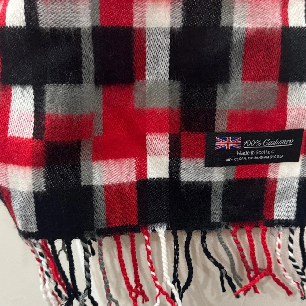 100% Cashmere Scarf – Made in Scotland, Red & Black Geometric Check (68” x 12”)